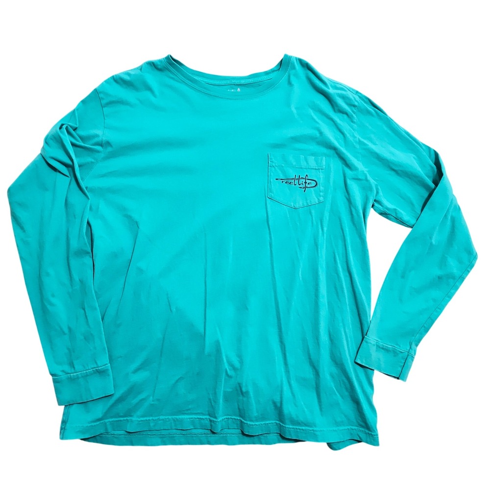 Reel Life Graphic Pocket T-Shirt XXL Teal Long‎ Sleeve Fishing Rod Logo